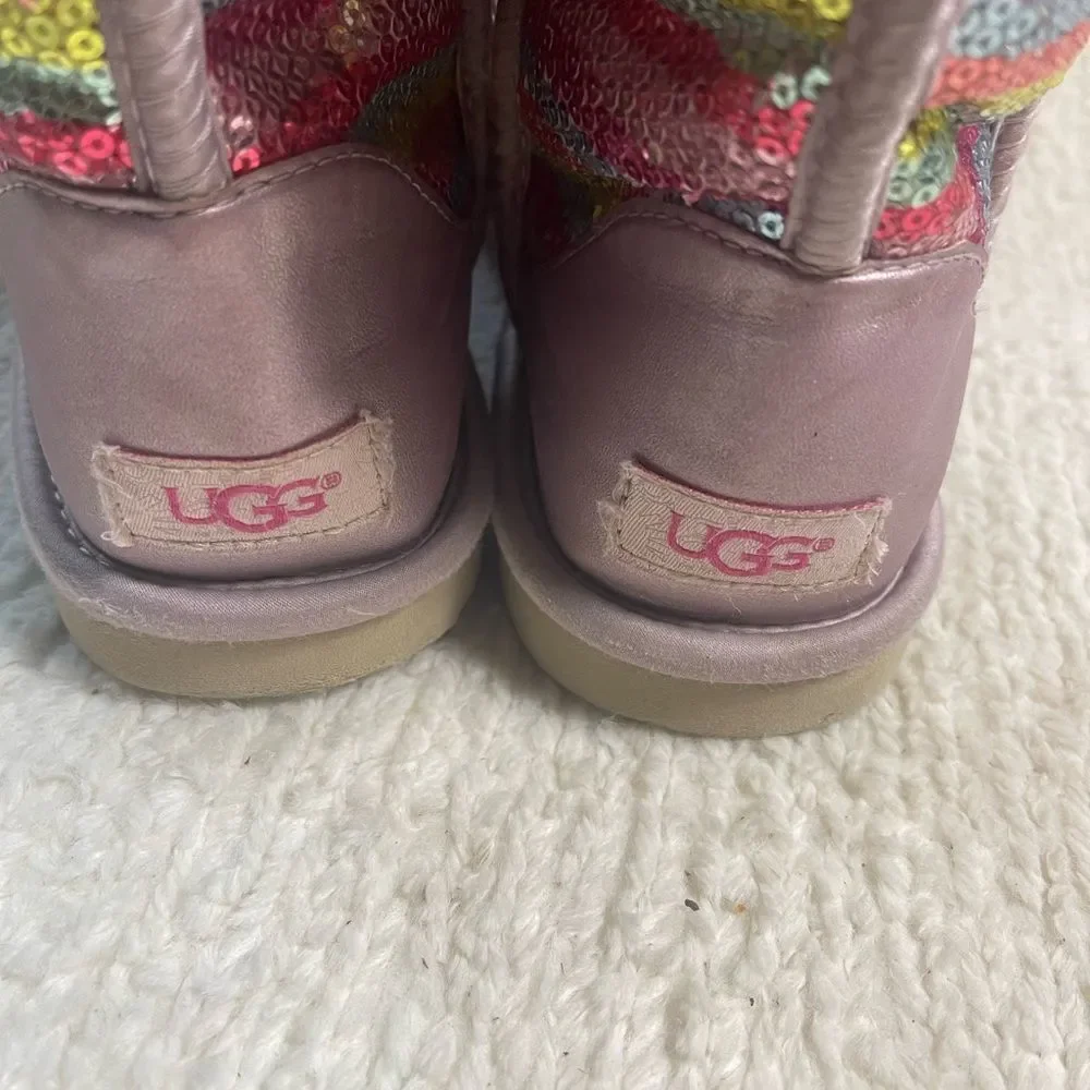 UGG sparkle Sequins Rainbow kids Boots leather blush pink trims fur lining SZ6